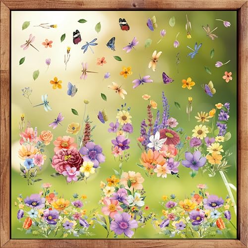 WALPLUS Spring Window Clings Spring Decorations Flower Window Clings Reusable Removable for Glass Windows Living Room Nursery Room Home Colourful Flowers with Dragonflies and Butterflies 44 Pieces - Image 4