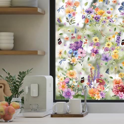 WALPLUS Spring Window Clings Spring Decorations Flower Window Clings Reusable Removable for Glass Windows Living Room Nursery Room Home Colourful Flowers with Dragonflies and Butterflies 44 Pieces - Image 2