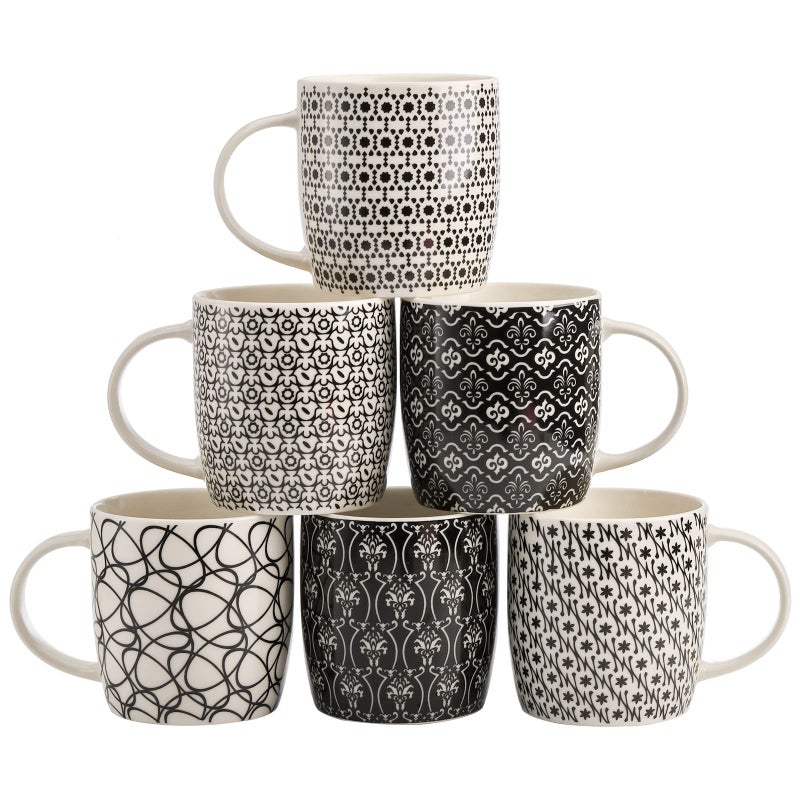 Okllen 6 Pack 115 Oz Coffee Mugs Geometric Textured Ceramic Coffee Mugs Stylish Tea Cup Mugs Set Gift for Latte Cappuccino Milk Water Cocoa Cereal Black and White