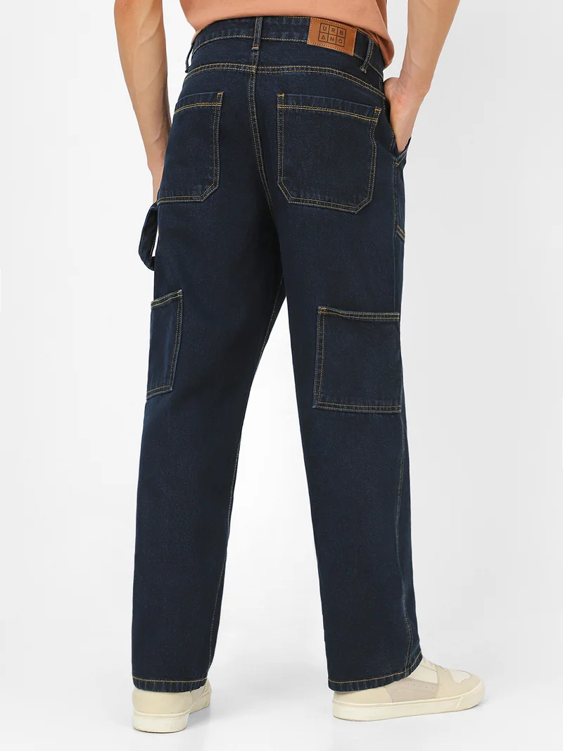 Urbano Fashion Urbano Fashion Men's Dark Blue Loose Fit Cargo Carpenter Jeans With 6 Pockets Non-Stretchable