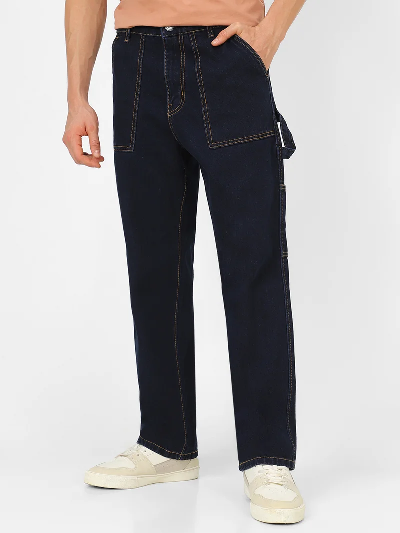 Urbano Fashion Men's Dark Blue Loose Fit Cargo Carpenter Jeans With 6 Pockets Non-Stretchable