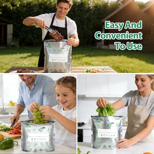 Solldgt Reusable Aluminum Foil Sealable Storage Bags - Resealable Thick Aluminum Foil Freezer Bags for Food, Stand Up Vacuum Zipper Pouches with Label and Zip Lock for Meat Vegetables Fruit (30PCS, 3 Size) - Image 2