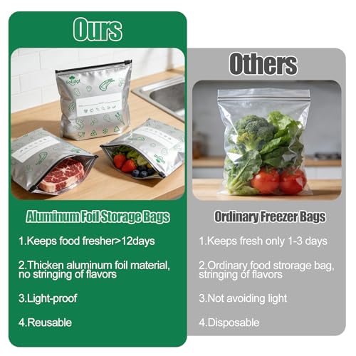 Solldgt Reusable Aluminum Foil Sealable Storage Bags - Resealable Thick Aluminum Foil Freezer Bags for Food, Stand Up Vacuum Zipper Pouches with Label and Zip Lock for Meat Vegetables Fruit (30PCS, 3 Size) - Image 4