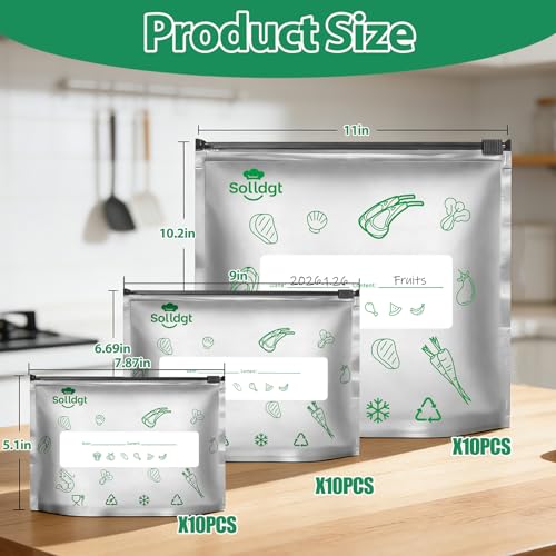 Solldgt Reusable Aluminum Foil Sealable Storage Bags - Resealable Thick Aluminum Foil Freezer Bags for Food, Stand Up Vacuum Zipper Pouches with Label and Zip Lock for Meat Vegetables Fruit (30PCS, 3 Size) - Image 3