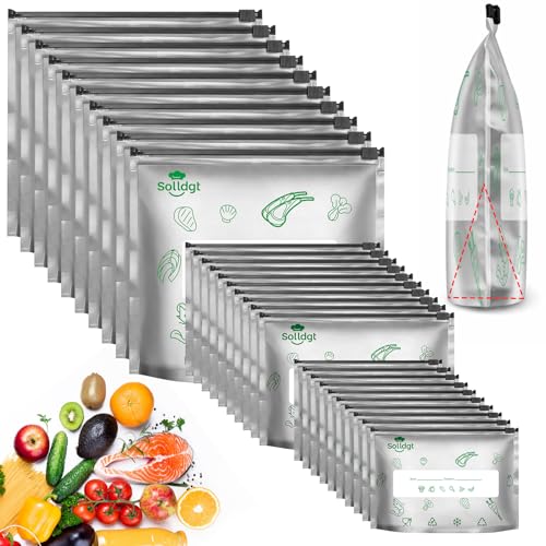 Solldgt Reusable Aluminum Foil Sealable Storage Bags - Resealable Thick Aluminum Foil Freezer Bags for Food, Stand Up Vacuum Zipper Pouches with Label and Zip Lock for Meat Vegetables Fruit (30PCS, 3 Size) - Image 1
