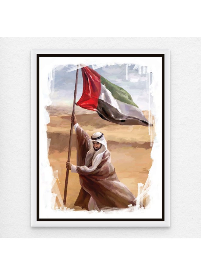 Art Decor Framed Canvas Portrait Print of Sheikh Zayed bin Sultan Al Nahyan with National Flag, Office Living Room Wall Decor, Boho Style Art Print for Home Hotel Studio