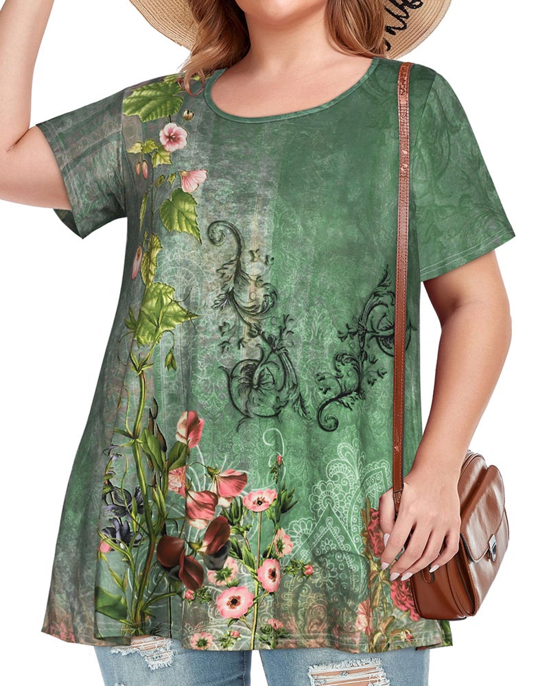 JOELLYUS Womens Plus Size Tunic Tops Summer Tops Plus Floral Tee Short Sleeves T Shirs Oversized Blouse(Lake Green Flowers,3XL) - Image 4