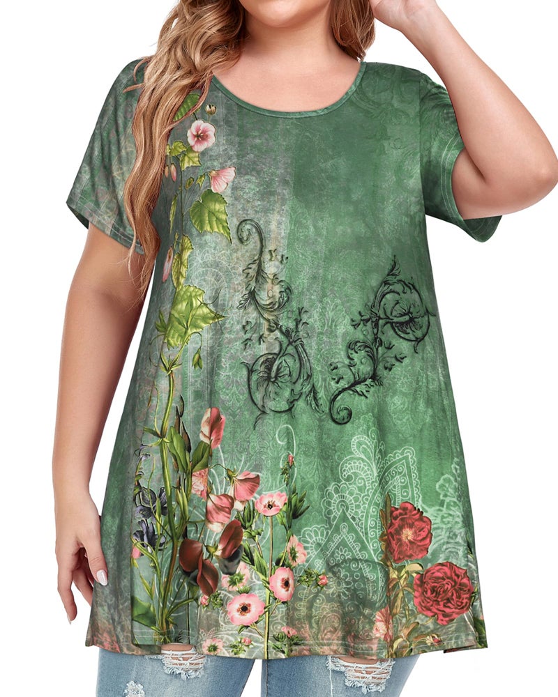 JOELLYUS Womens Plus Size Tunic Tops Summer Tops Plus Floral Tee Short Sleeves T Shirs Oversized Blouse(Lake Green Flowers,3XL) - Image 3