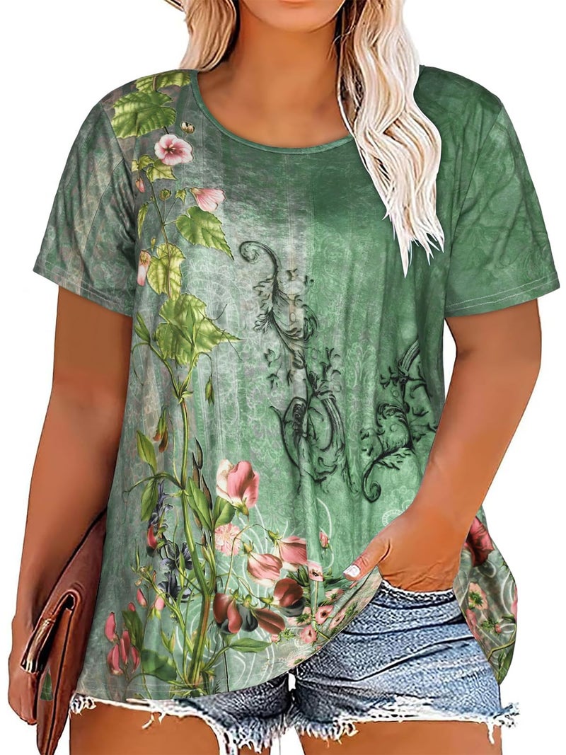 JOELLYUS Womens Plus Size Tunic Tops Summer Tops Plus Floral Tee Short Sleeves T Shirs Oversized Blouse(Lake Green Flowers,3XL) - Image 1