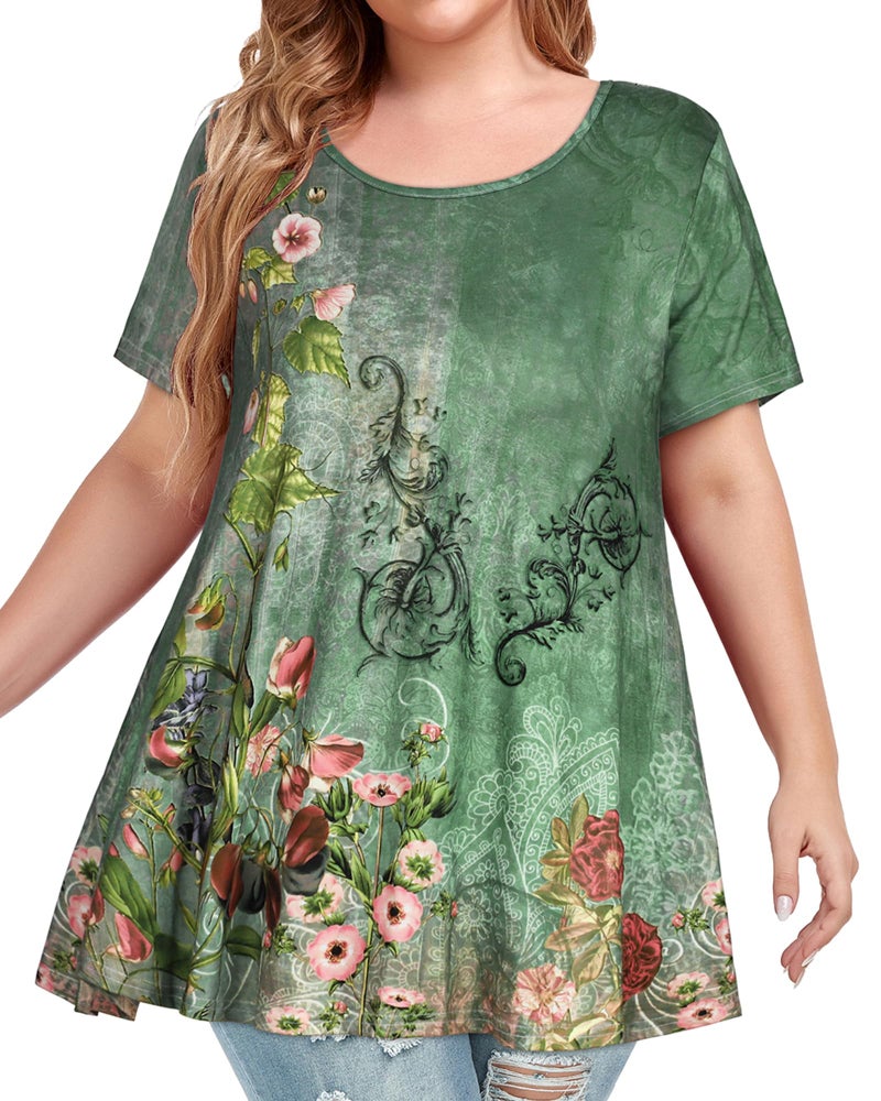 JOELLYUS Womens Plus Size Tunic Tops Summer Tops Plus Floral Tee Short Sleeves T Shirs Oversized Blouse(Lake Green Flowers,3XL) - Image 5