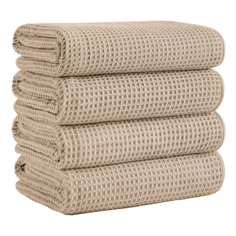 Microfiber Waffle Bath Towels, 4 Pieces, Soft, Absorbent, Fast Drying, Lint Free 430 GSM (Beige) - Image 1