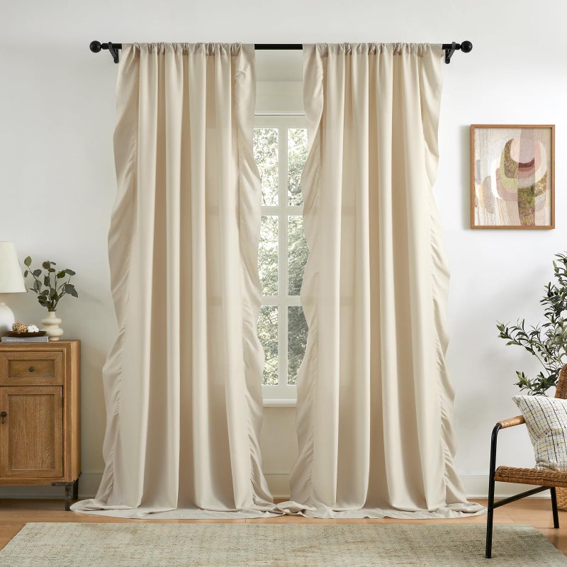 SEEKRIGHT Beige Ruffle Curtains 84 Inches Long for Bedroom Living Room Soft Touch Fabric Rod Pocket Light Filtering Romantic Semi Sheer Curtains for Apartment French Country Window Privacy Decor 2 Panels, 52x84 - Image 1