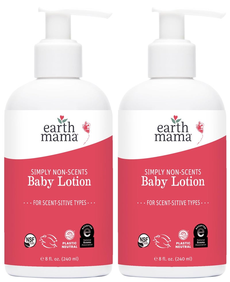 Earth Mama Simply Non-Scents Baby Lotion for Dry Skin, Calendula Cream, Skin Care for Kids, Organic Moisturizer, Unscented Lotion with Aloe, Rooibos, & Shea Butter, 8-Fl oz (2-Pk) - Image 1