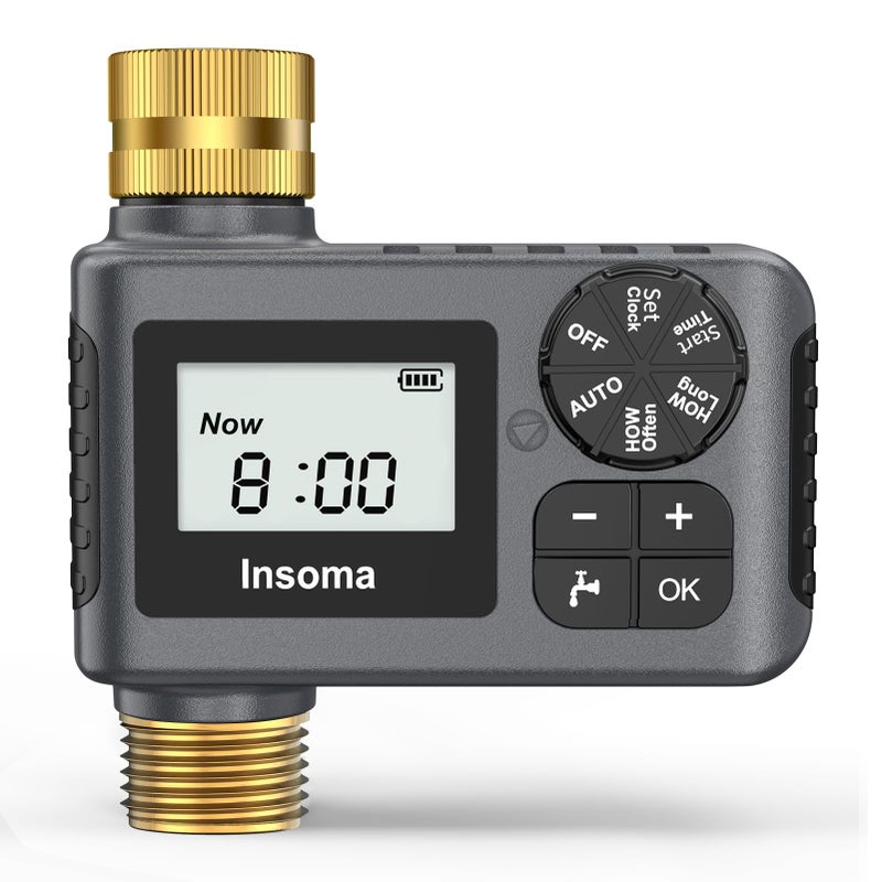 Insoma Sprinkler Timer with Brass Inlet and Outlet, Programmable Water Timer for Outdoor Garden Hose, Hose Timers with Rain Delay/Manual/Auto Mode, Drip Irrigation and Lawn Watering System, 1 Outlet - Image 1