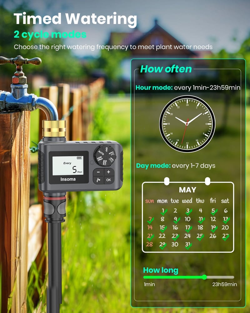 Insoma Sprinkler Timer with Brass Inlet and Outlet, Programmable Water Timer for Outdoor Garden Hose, Hose Timers with Rain Delay/Manual/Auto Mode, Drip Irrigation and Lawn Watering System, 1 Outlet - Image 2