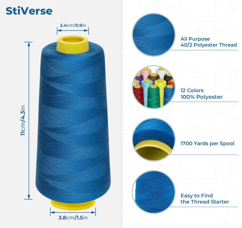 Stiverse 12 Pack Serger Thread Cones, 1800 Yards Each Spool Overlock Thread, PolyesterThread 40s/2 for Serger&Overlock, Quilting, Piecing, Sewing Machine - Image 2