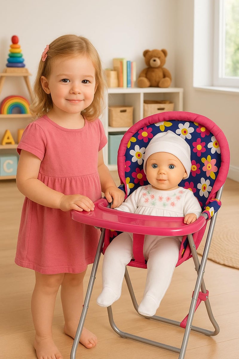 Fash n kolor - Baby Doll High Chair with Tray, Fits up to 18 inch Baby Dolls, Flower Print Toddler Furniture Toy High Chair for Dolls Toys Easy to fold for compact storage - Image 5