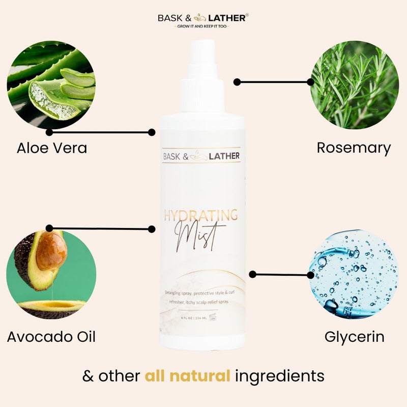 BASK & LATHER Hydrating Hair Mist, Leave-In Conditioner, Itchy Scalp Relief, Detangler, Curl Definer, Aloe Vera, Avocado Oil, For All Hair Types, 8 oz - Image 4