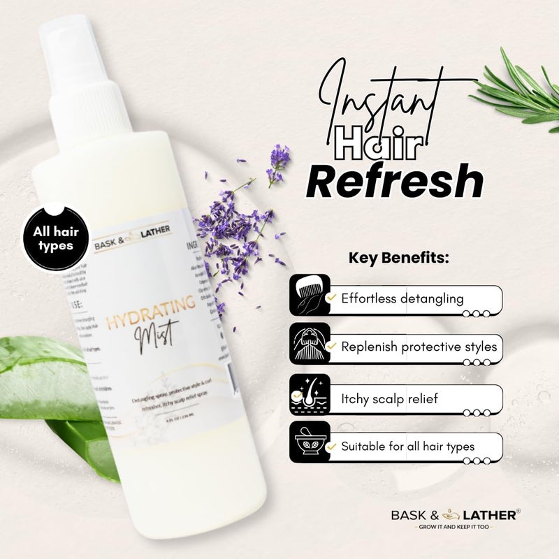 BASK & LATHER Hydrating Hair Mist, Leave-In Conditioner, Itchy Scalp Relief, Detangler, Curl Definer, Aloe Vera, Avocado Oil, For All Hair Types, 8 oz - Image 2