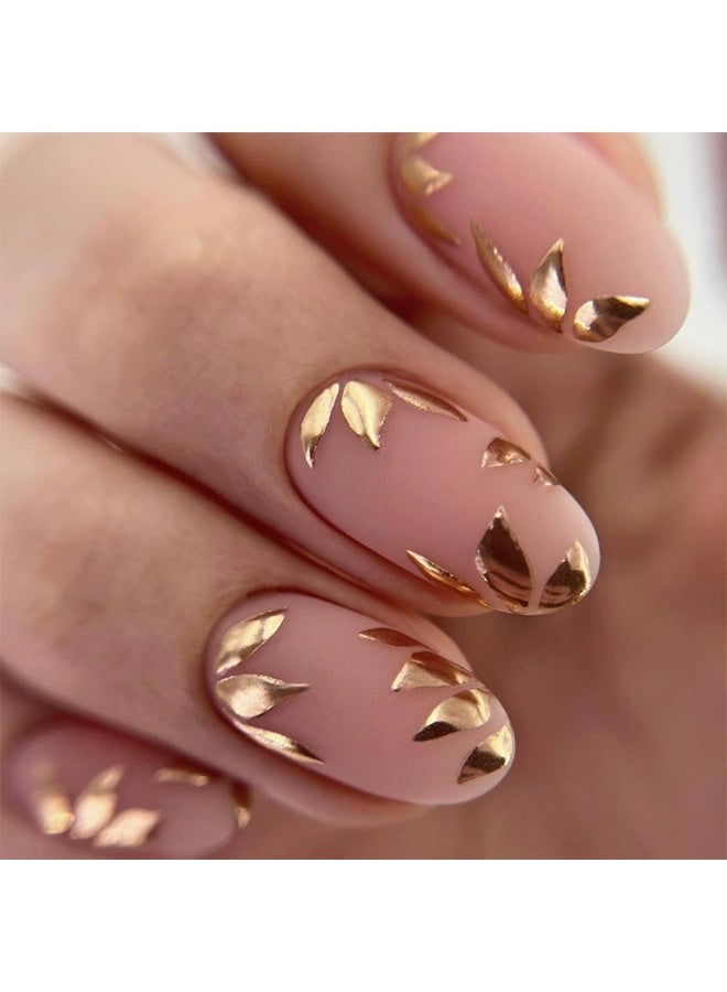 Goolsky Premium Short Oval Press-on Nails with Brown Matte & Golden Leaf Patterns for Autumn Sophistication
