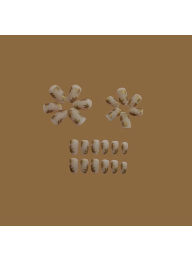 Goolsky أظافر ضغط بيضاوية قصيرة فاخرة بتصميمات بنية غير لامعة وأوراق ذهبية لأناقة الخريف - Image 4