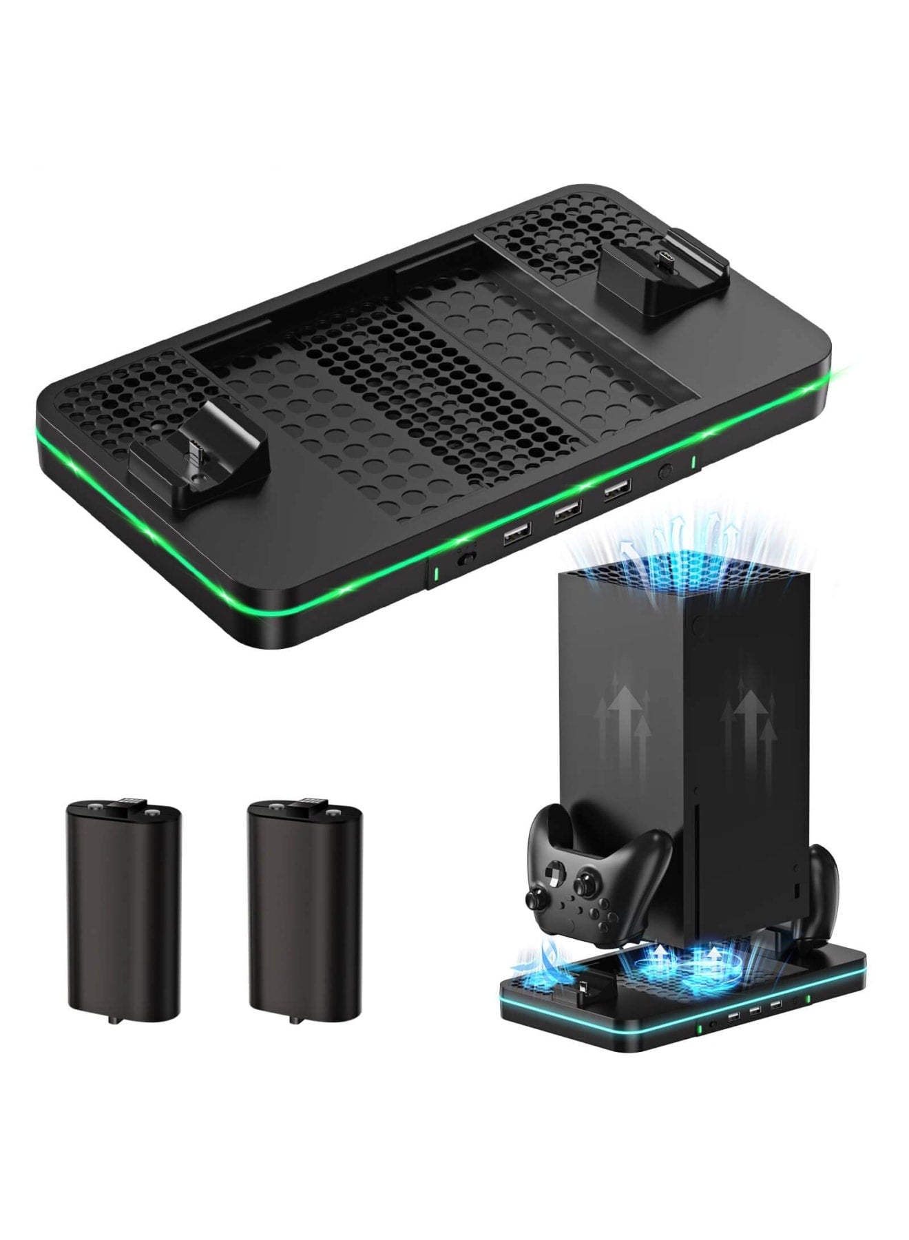 Cooling Stand Compatible with Xbox Series S, Dual Purpose Cooling Fan with 2 X 1100 mAh Handle Rechargeable Battery Station & 3 USB Ports, Dual Controller Cooler System Dock for Xbox Series X/S