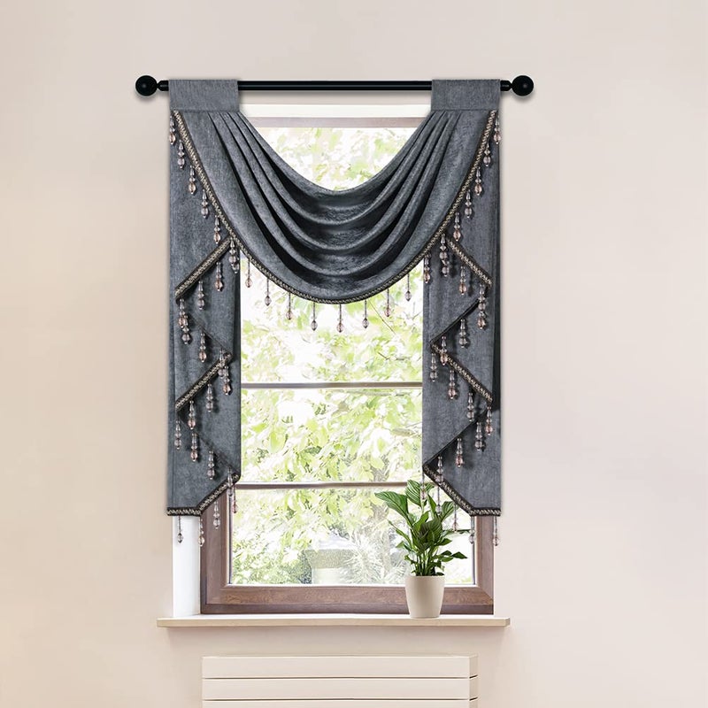 ELKCA Grey Chenille Waterfall Valance for Living Room 2 Hollow Swags Curtain Valance for Bedroom Kitchen CurtainsRod Pocket1 Panel
