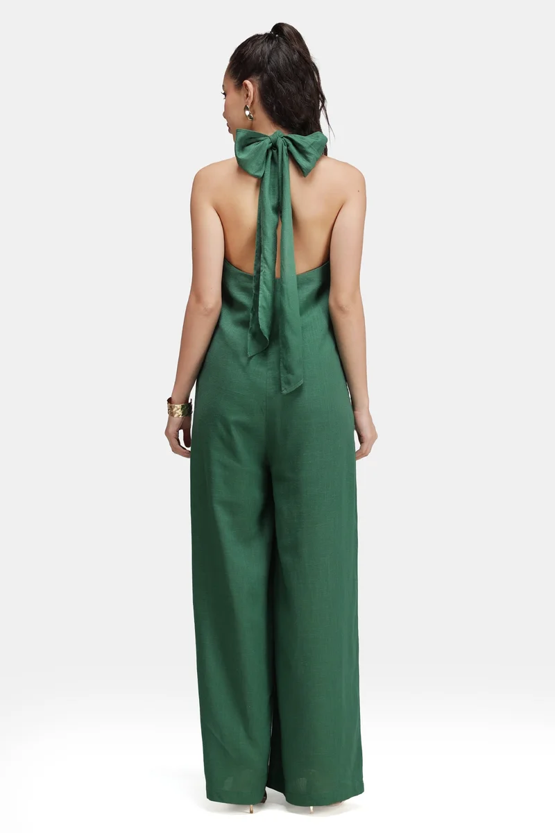 Virgio  Solid Linen Backless Halter Jumpsuit for Women for Women | Best Price UAE