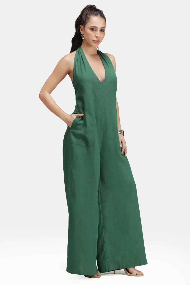 Virgio  Solid Linen Backless Halter Jumpsuit for Women for Women | Best Price UAE