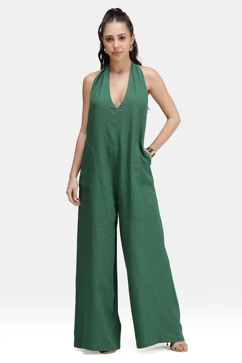 فيرجيو Solid Linen Backless Halter Jumpsuit for Women
