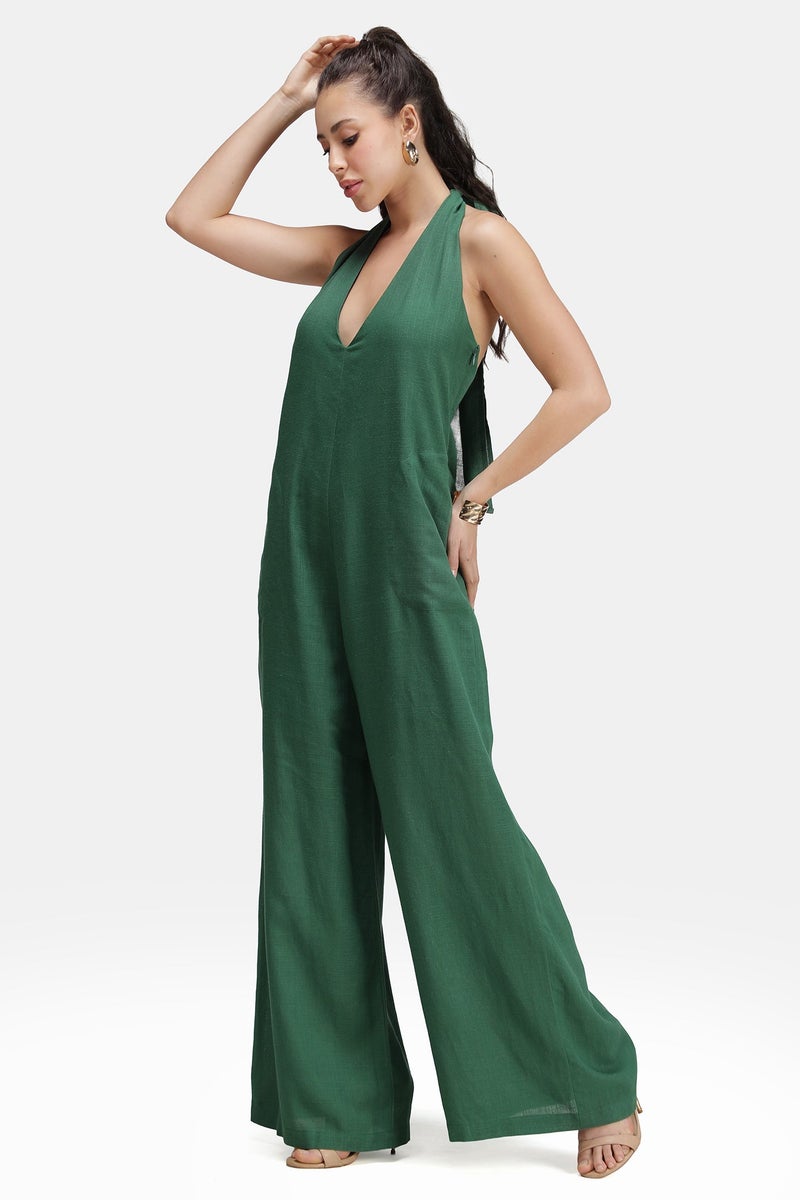 Virgio Solid Linen Backless Halter Jumpsuit for Women - Image 4