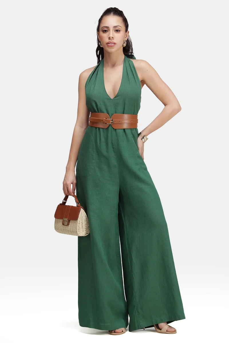 فيرجيو Solid Linen Backless Halter Jumpsuit for Women
