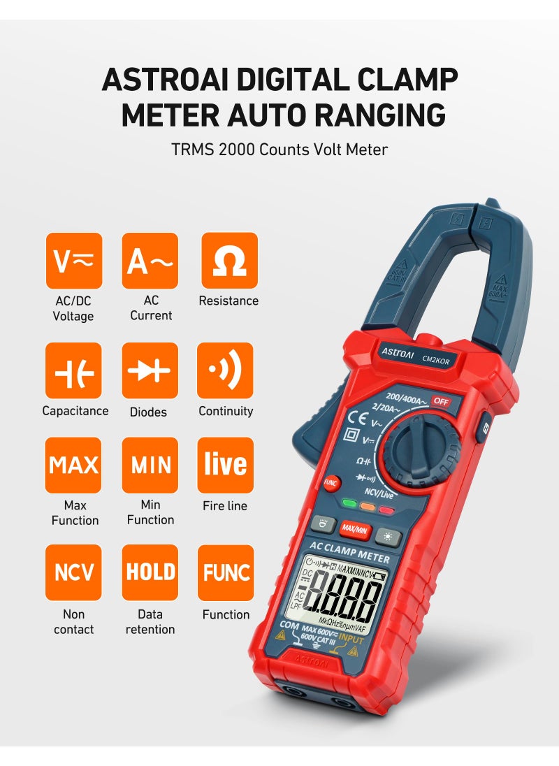 AstroAI AstroAI Digital Clamp Meter Multimeter 2000 Counts Amp Voltage Tester Auto-ranging with AC/DC Voltage, AC Current, Resistance, Capacitance, Continuity, Live Wire Test, NCV, Blue  - Image 2