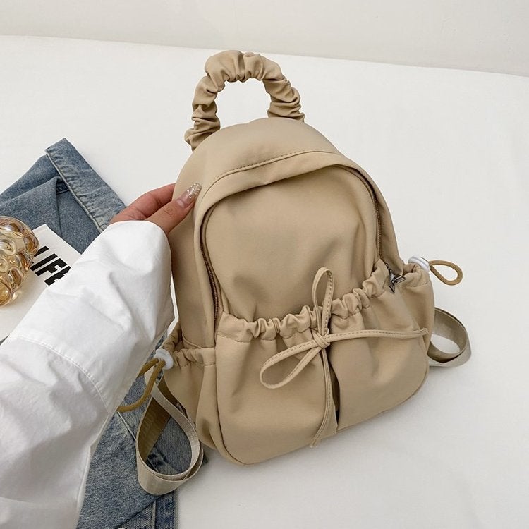 Korean Style Ins Pleated Backpack Nylon Solid Color Simple All-match Casual Backpack Large Capacity Schoolbag for Women Khaki 