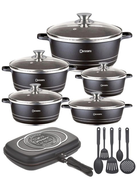 16 Pieces Combo Cookware Set Includes Double Grill Pan, 10 pcs Casserole Pot Set and Spatula Sets Black