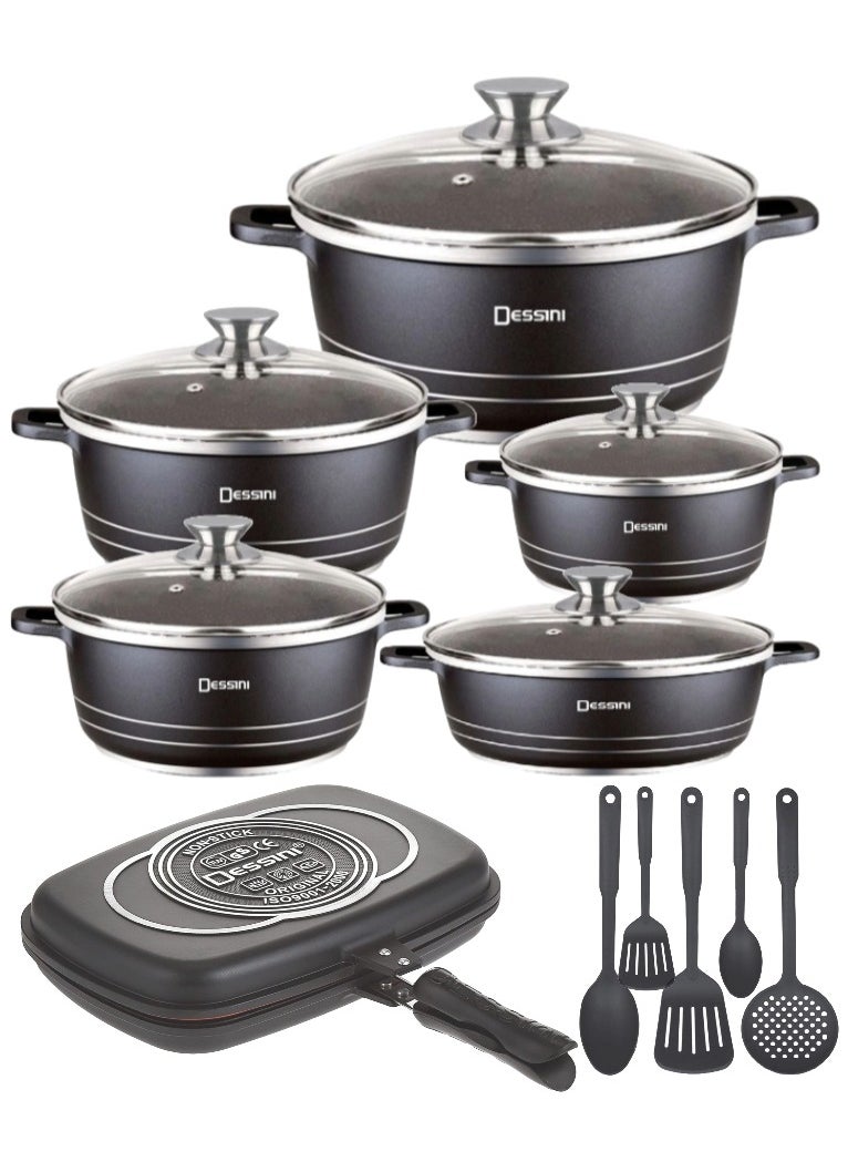 DESSINI 16 Pieces Combo Cookware Set Includes Double Grill Pan, 10 pcs Casserole Pot Set and Spatula Sets Black 