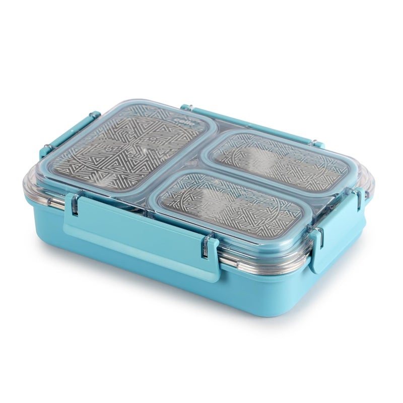 Cello CELLO Tri Lunch Insulated Lunch Box | Inner Stainless Steel Compartment | Silicon Seal in The Lid with with 4 Sided Click Locks | Ideal for College,Office, Outdoor Activities | Light Blue | Set of 1  - Image 2