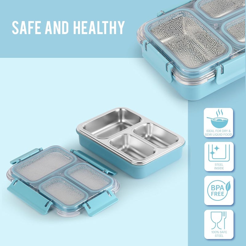 Cello CELLO Tri Lunch Insulated Lunch Box | Inner Stainless Steel Compartment | Silicon Seal in The Lid with with 4 Sided Click Locks | Ideal for College,Office, Outdoor Activities | Light Blue | Set of 1  - Image 3