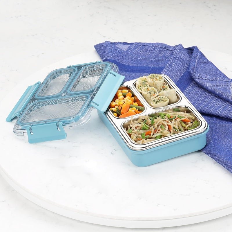 Cello CELLO Tri Lunch Insulated Lunch Box | Inner Stainless Steel Compartment | Silicon Seal in The Lid with with 4 Sided Click Locks | Ideal for College,Office, Outdoor Activities | Light Blue | Set of 1  - Image 1