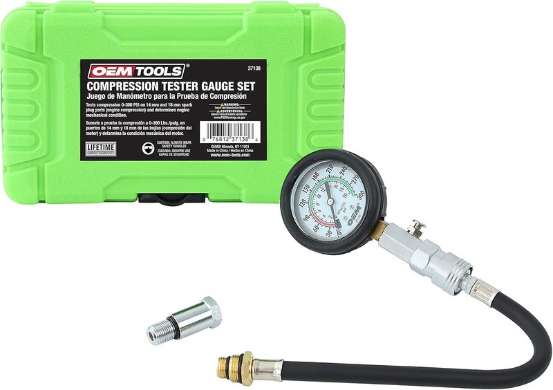 OEMTOOLS 37138 Compression Tester Gauge Set, Compression Tester Automotive, Engine Compression Tester with Flexible Hose, 14mm and 18mm Adapters - Image 1