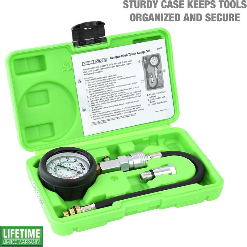 OEMTOOLS 37138 Compression Tester Gauge Set, Compression Tester Automotive, Engine Compression Tester with Flexible Hose, 14mm and 18mm Adapters - Image 2