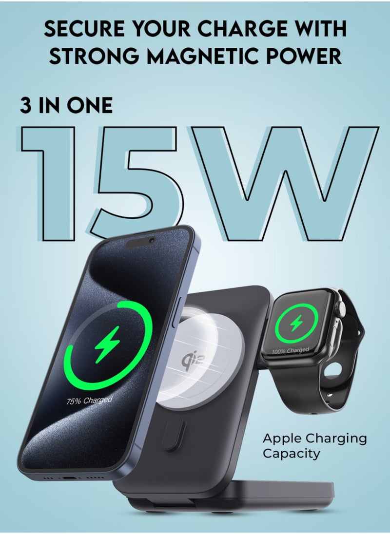 glassology - 10000 mAh 3-in-1 MagSafe Qi2 Certified Power bank Triad Deck 15W Wireless Charging with Foldable Design, Strong Magnetic Attraction, Compatible with all Apple Products - Image 1