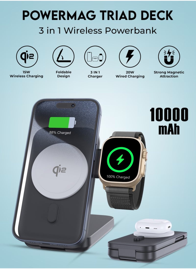 glassology - 10000 mAh 3-in-1 MagSafe Qi2 Certified Power bank Triad Deck 15W Wireless Charging with Foldable Design, Strong Magnetic Attraction, Compatible with all Apple Products - Image 1