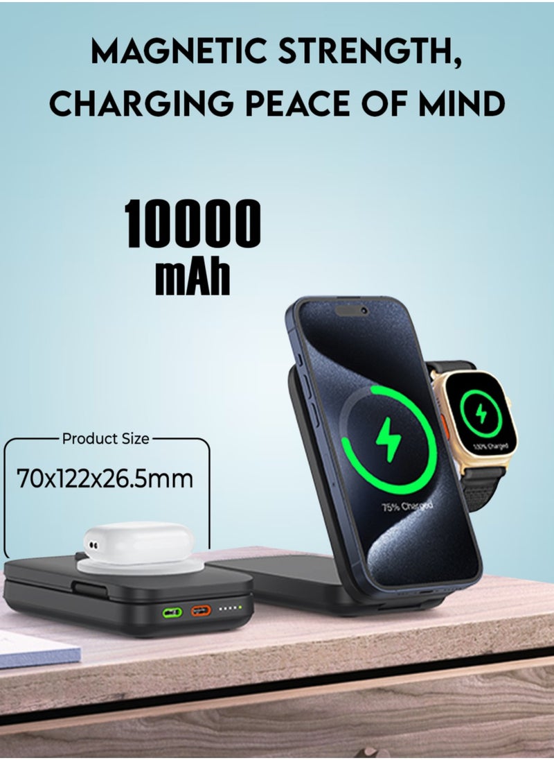 glassology - 10000 mAh 3-in-1 MagSafe Qi2 Certified Power bank Triad Deck 15W Wireless Charging with Foldable Design, Strong Magnetic Attraction, Compatible with all Apple Products - Image 1