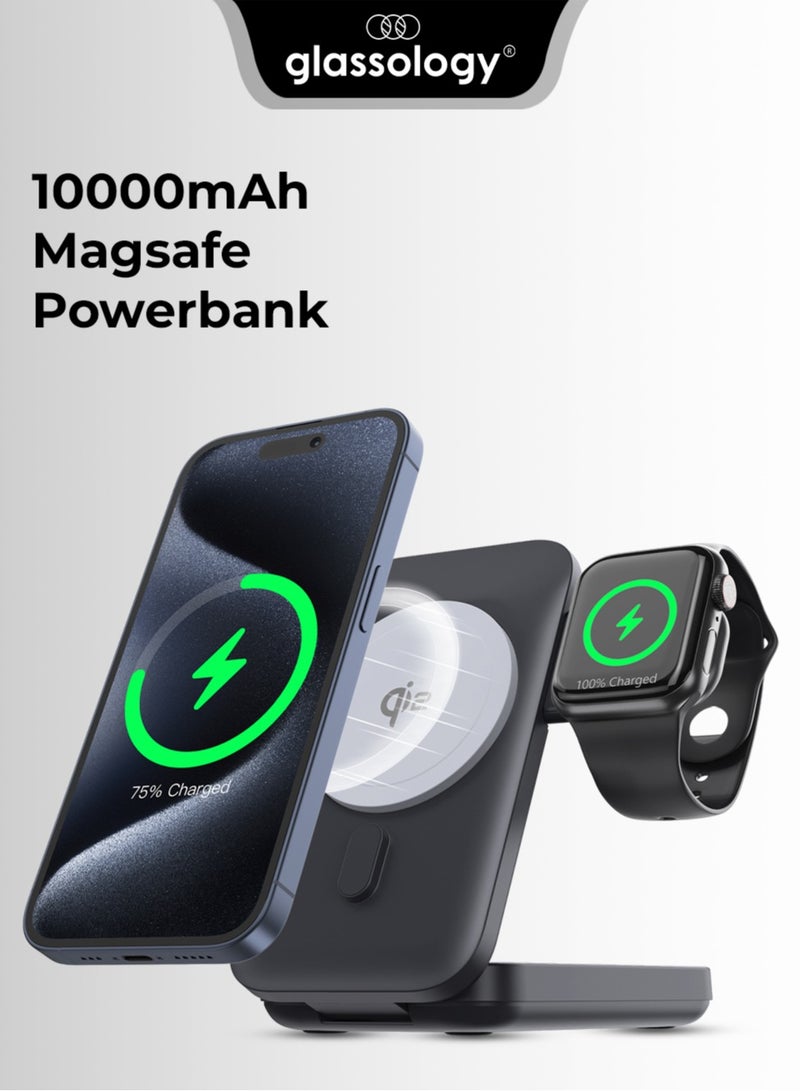 glassology 10000 mAh 3-in-1 MagSafe Qi2 Certified Power bank Triad Deck 15W Wireless Charging with Foldable Design, Strong Magnetic Attraction, Compatible with all Apple Products - Image 1
