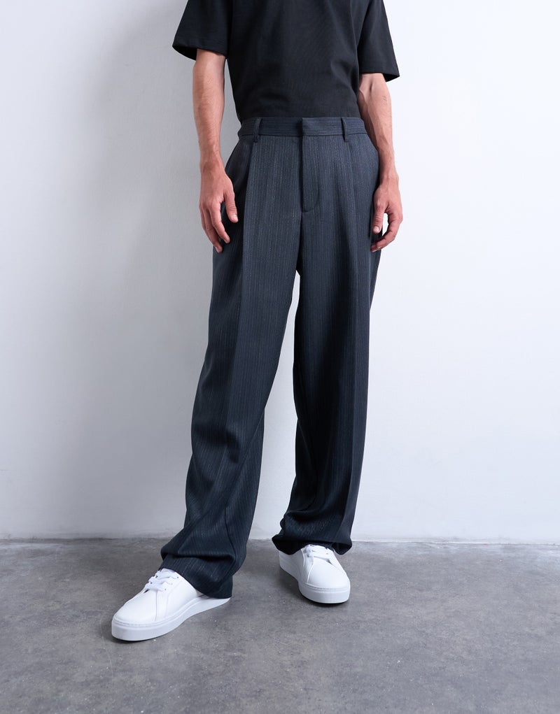 Topman  wide leg pleated stripe trouser in grey - Image 1
