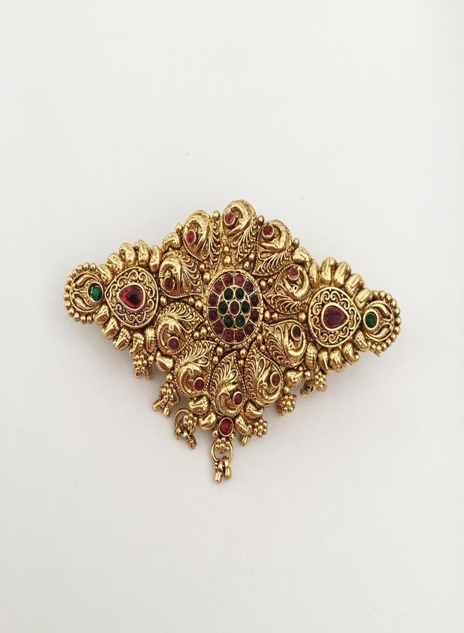 hair clips for women and girls antique gold color finish traditional center clips with colorful stones (pack of 1) latest back clips hair pins - Image 3