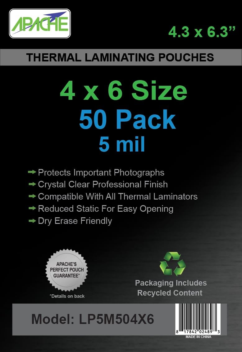 Apache 50 Pack Laminating Pouches 5 mil, Holds 4 x 6 Inch Photo Size (4.3 x 6.3 Inch Sheets), Office and School Supplies, Thermal Laminating Sheets, Super Clear, Round Corner