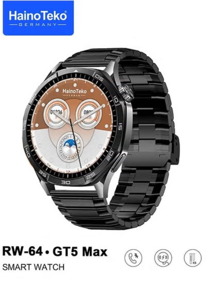 Haino Teko RW-64 GT5 Max Smartwatch for Men – Large AMOLED Display with Vibrant Colors and High Brightness – Built-in Voice Assistant for Hands-Free Use – Black Premium Fitness Smartwatch with 3 Interchangeable Straps – Heart Rate, Sleep, Steps & Notification Tracking – Compatible with Android & iOS - Image 2