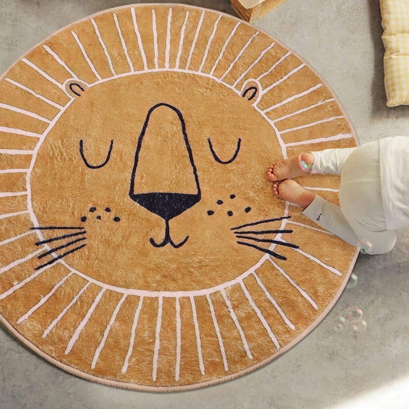Rururug Cartoon Round Rug Kids Playmat Brown Lion Bedroom Rug Children Crawling Carpet Non-slip Rug Washable Non Shedding 120CM - Image 1